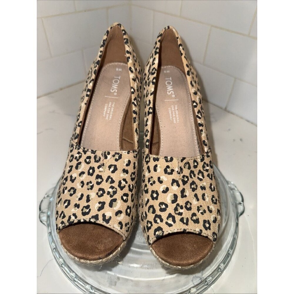 Toms Women Size 8 Michelle Cheetah Print Stacked Heel Slip On Wedge Peep Toe